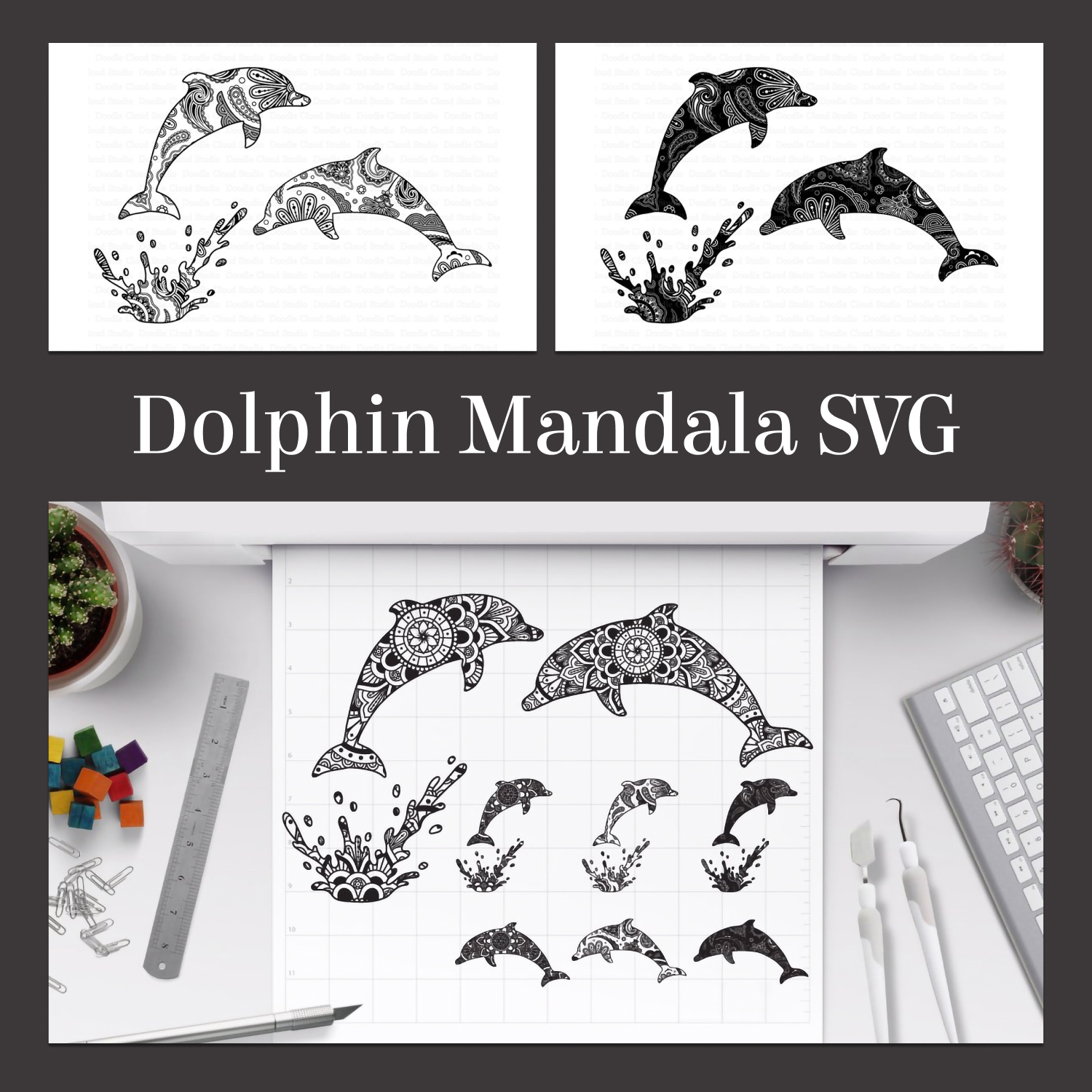 Dolphin stencils are shown on top of a desk.