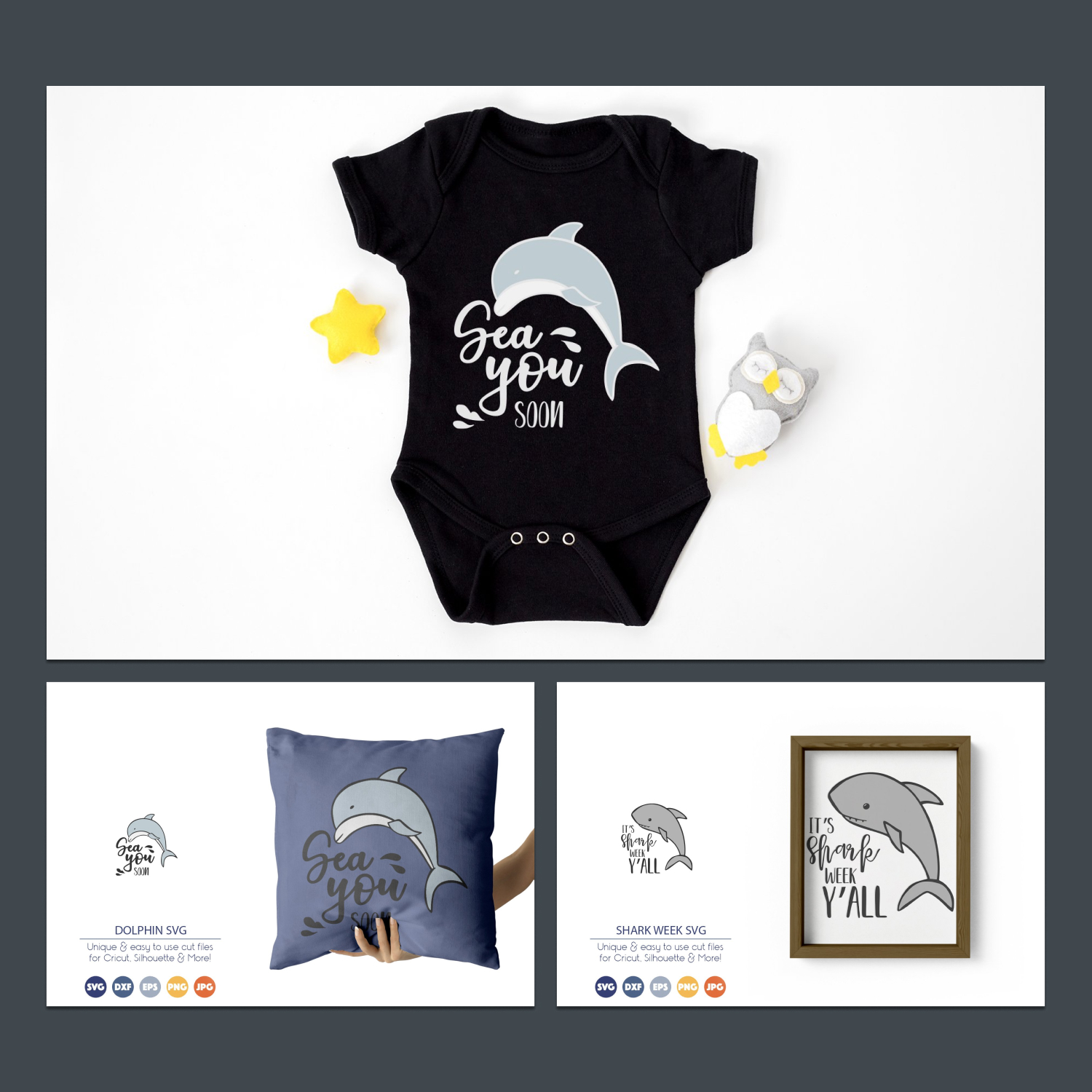 Baby's bodysuit with a picture of a dolphin on it.