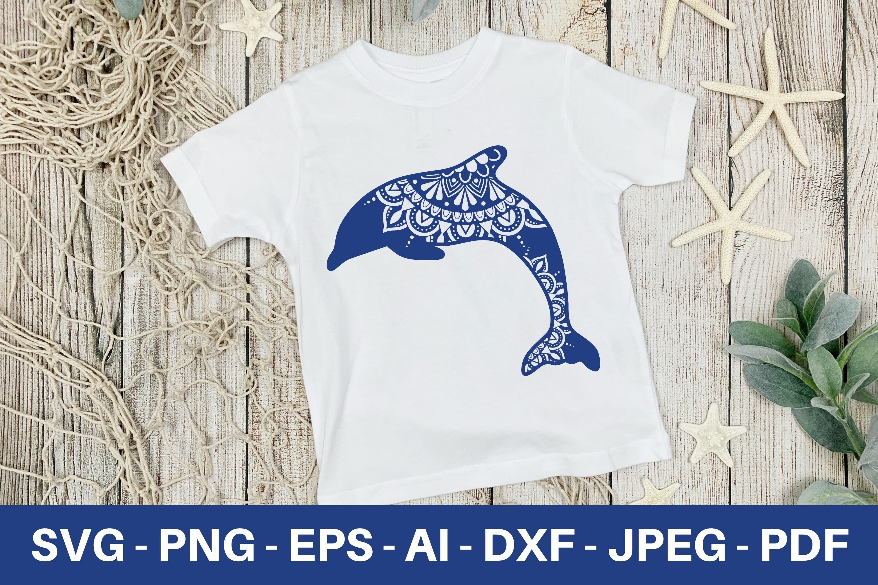 White shirt with a blue dolphin on it.