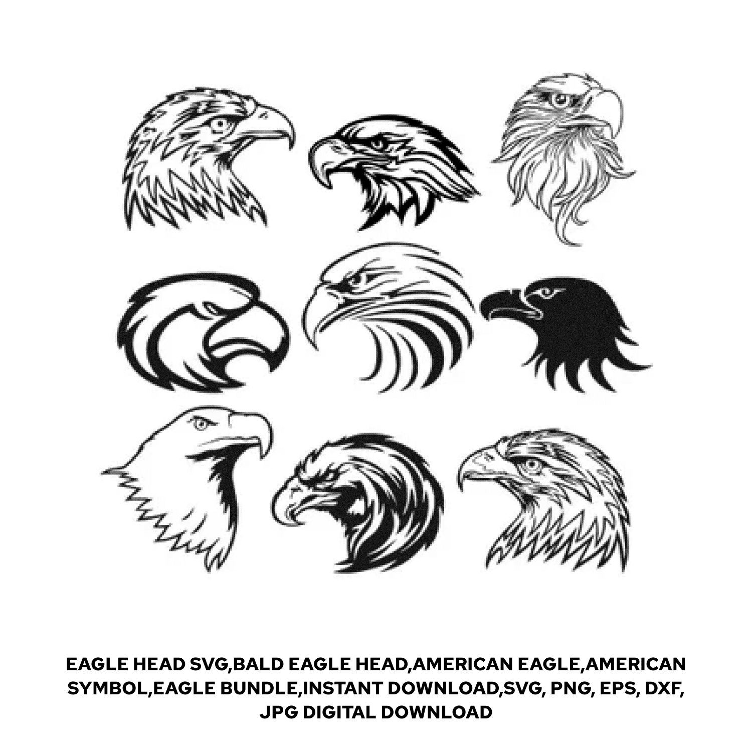 Eagle heads and eagle head tattoo designs on a white background.