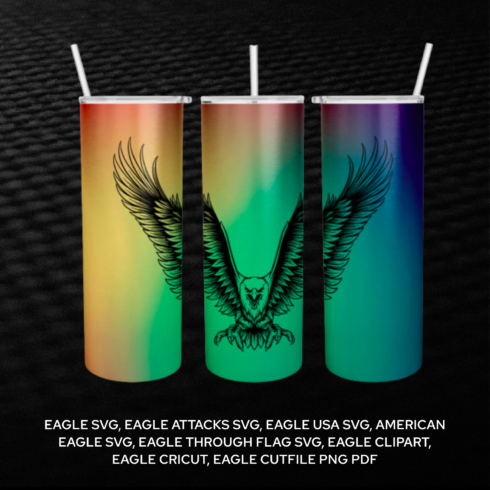 Three colorful tumblers with eagle emblems on them.