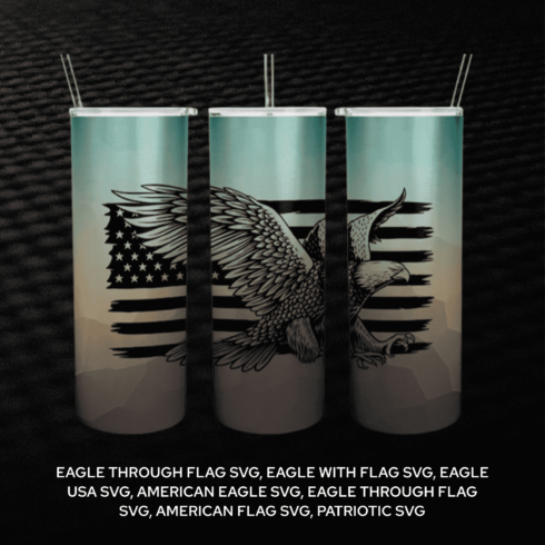 Set of three american eagle tumblers on a black background.