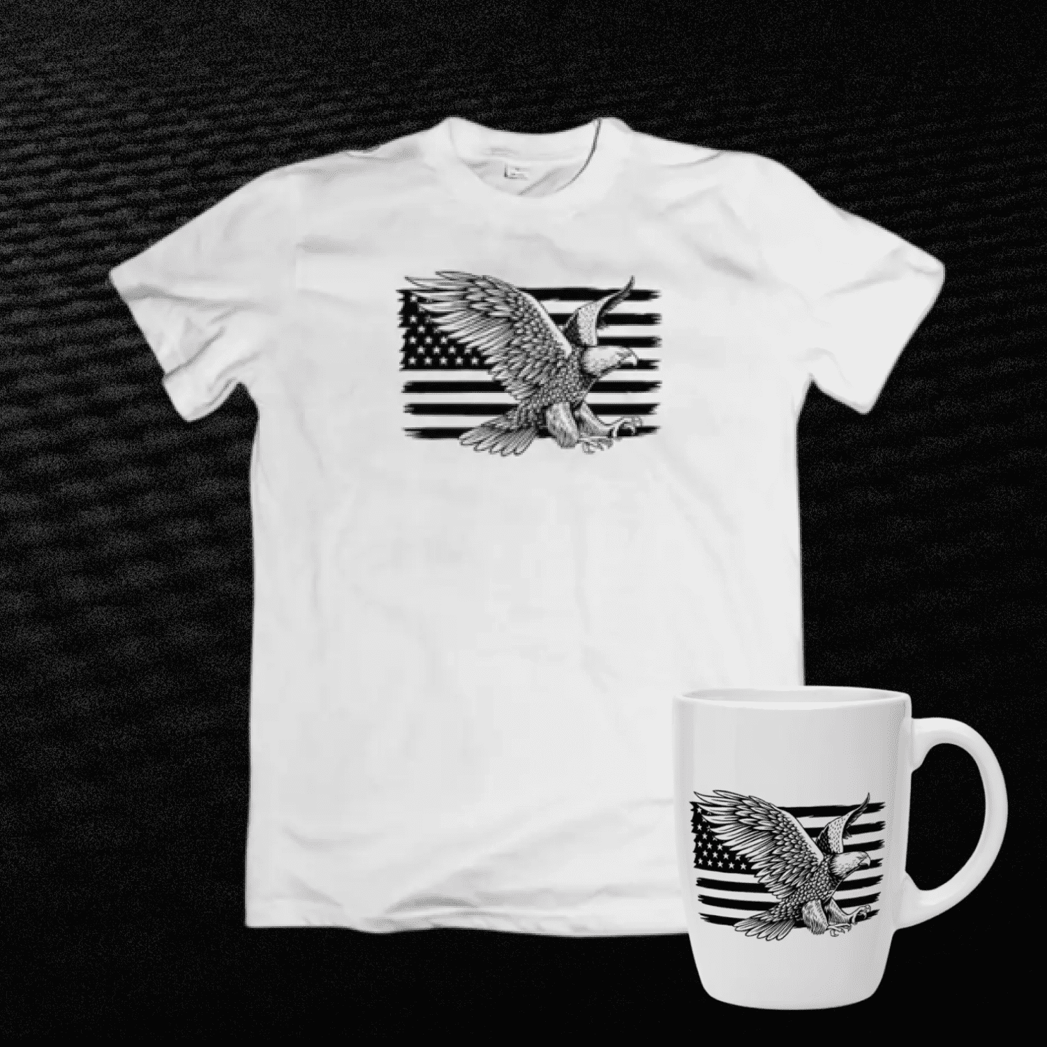 White t - shirt with an american flag and an eagle on it.