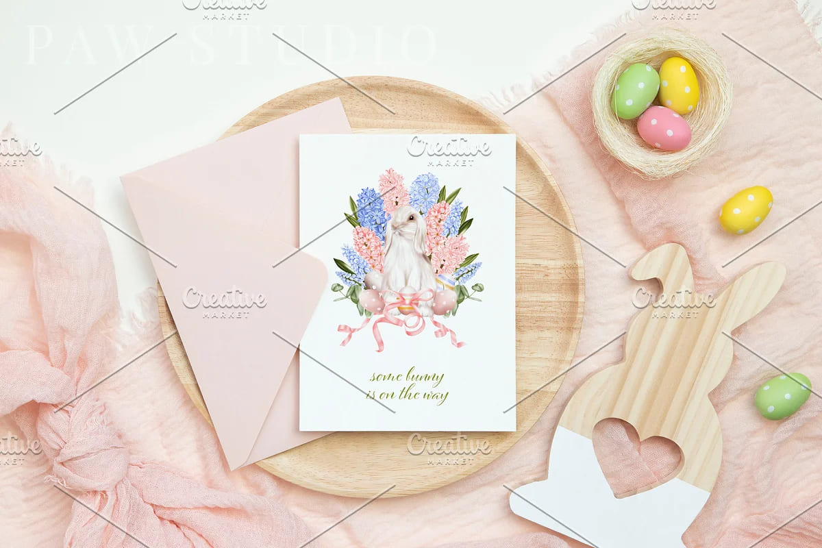 easter bunny floers clipart peony card design.
