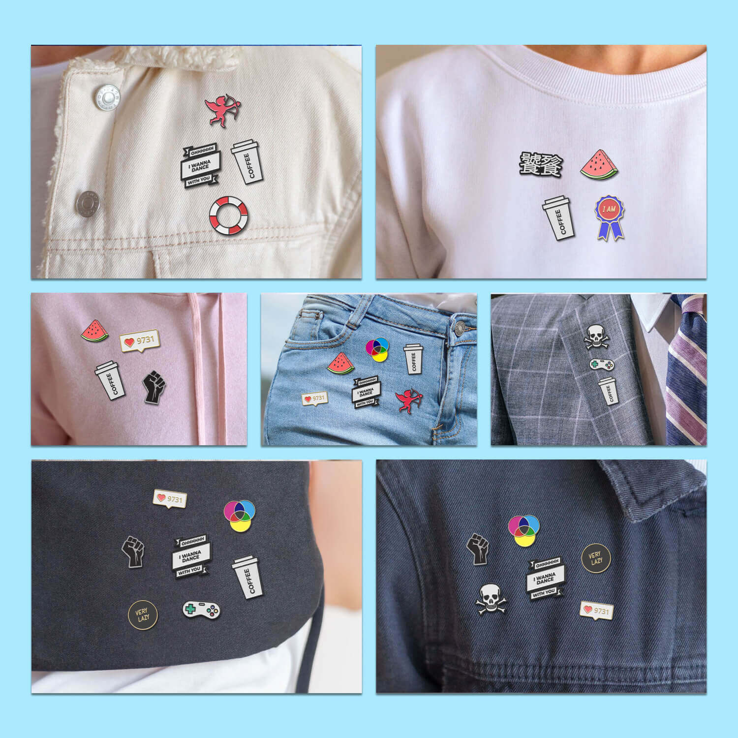 Enamel pin on the clothes of casual style.
