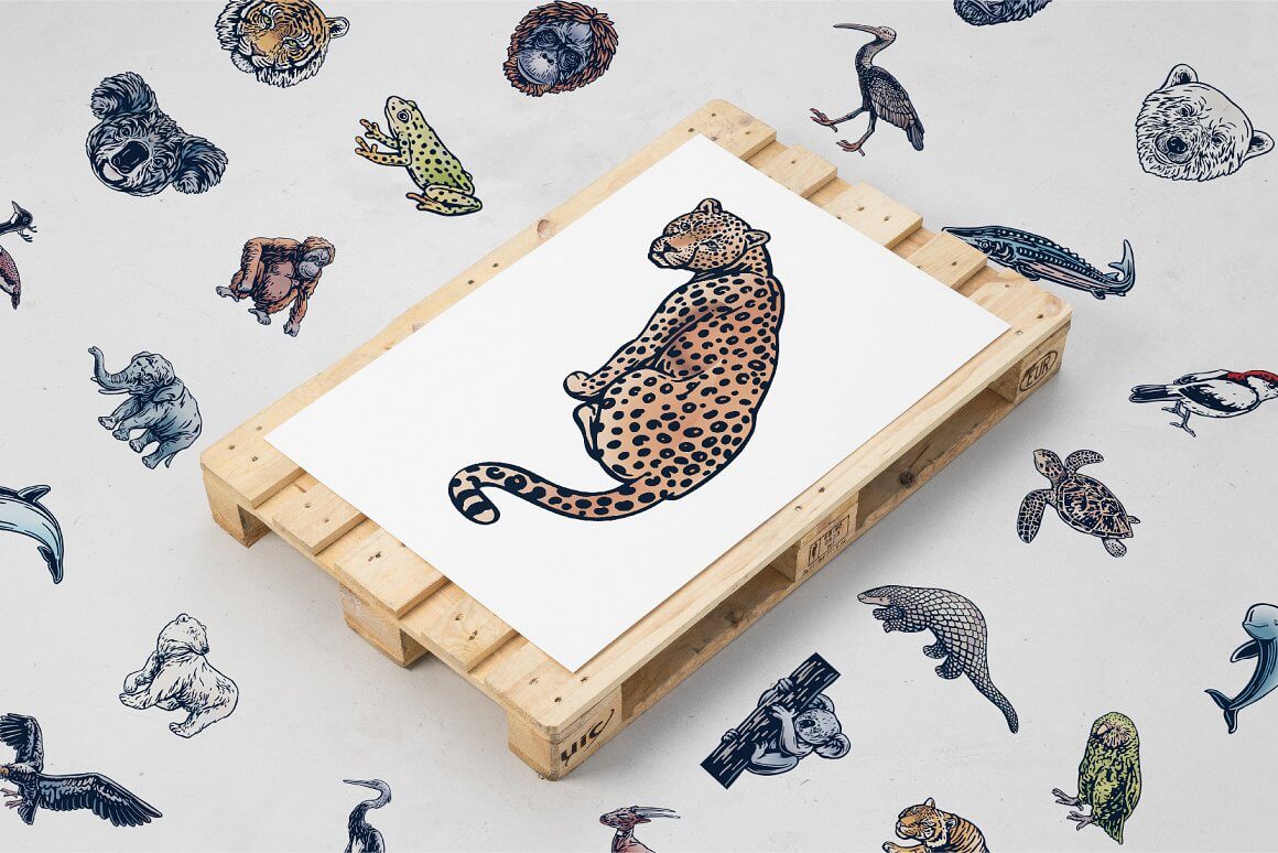 Endangered animals with image of amur leopard on the light background.