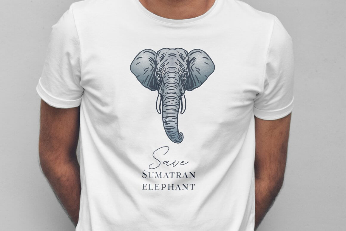 Image of elephant on the white t-shirt.