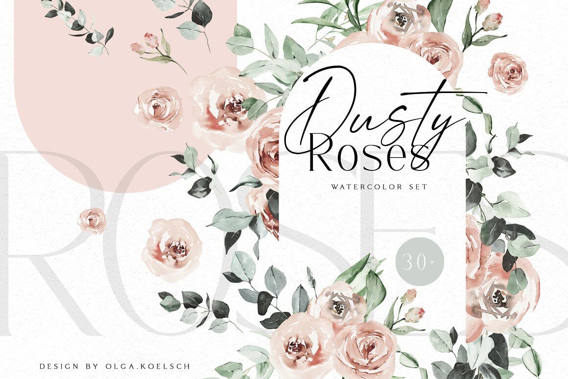 30+ Dusty roses watercolor set.