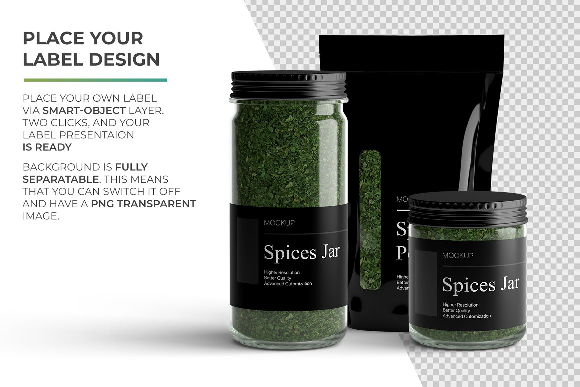 Green spices in black packaging.