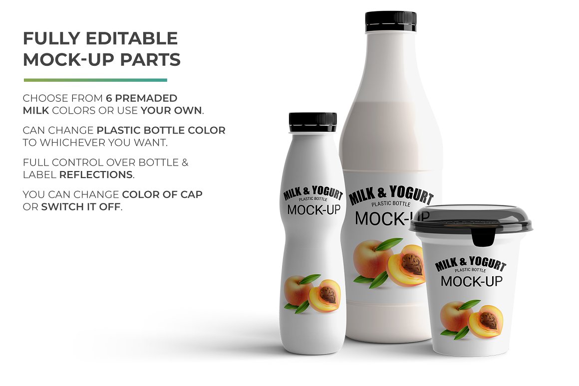 White bottles with a black lid for yogurts.