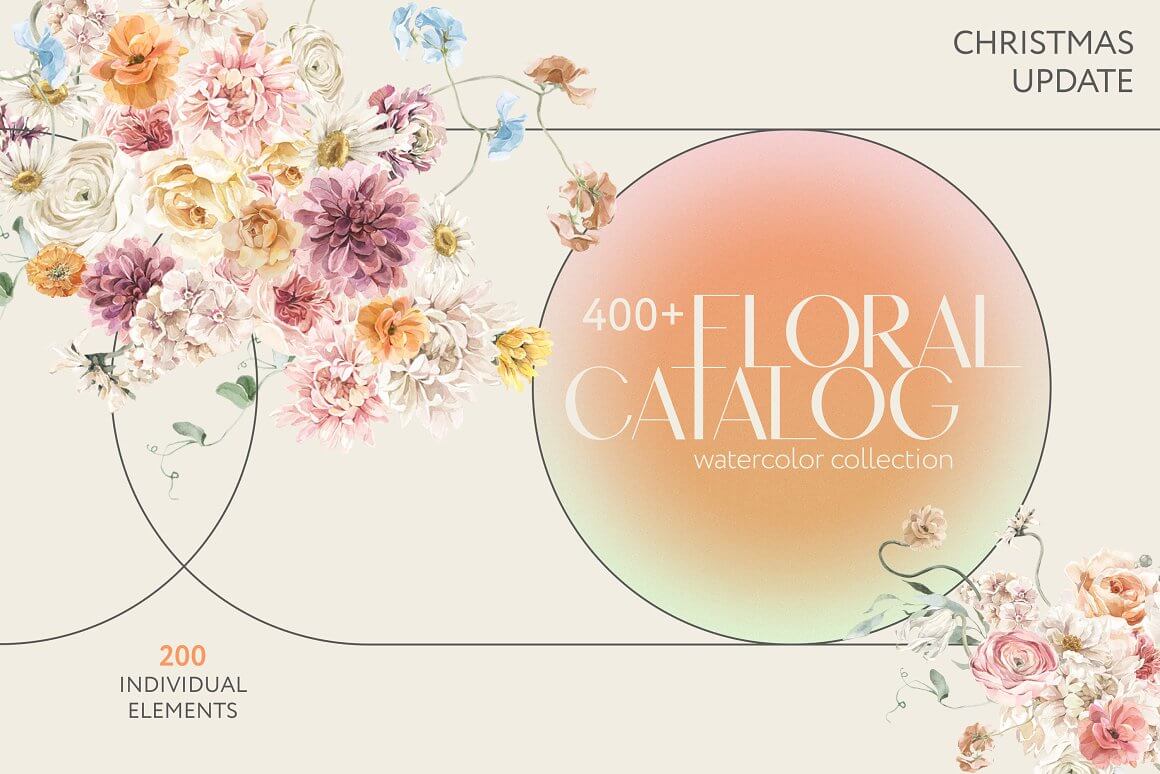 200 individual elements of floral catalog watercolor collection.