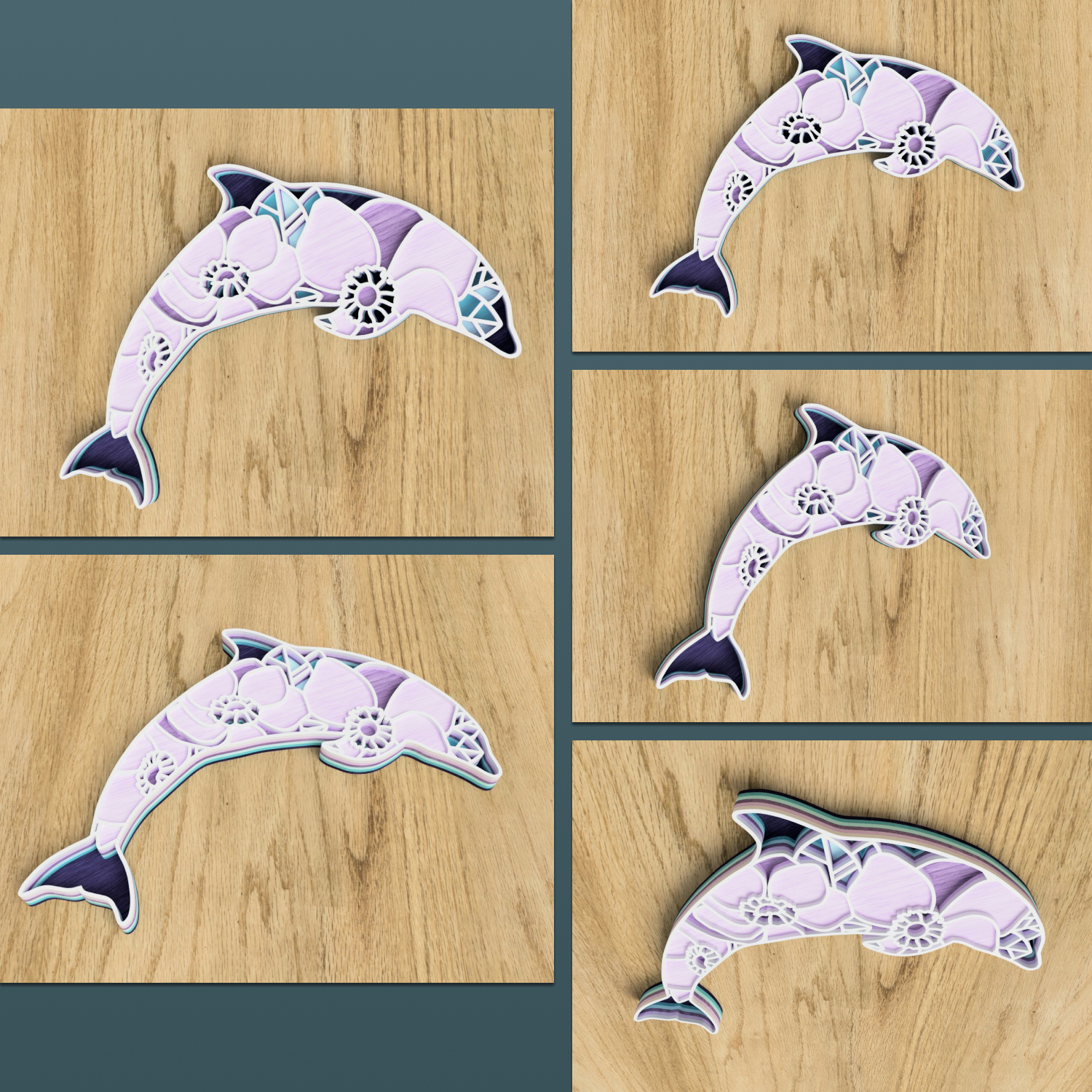 Four pictures of a dolphin on a wooden surface.
