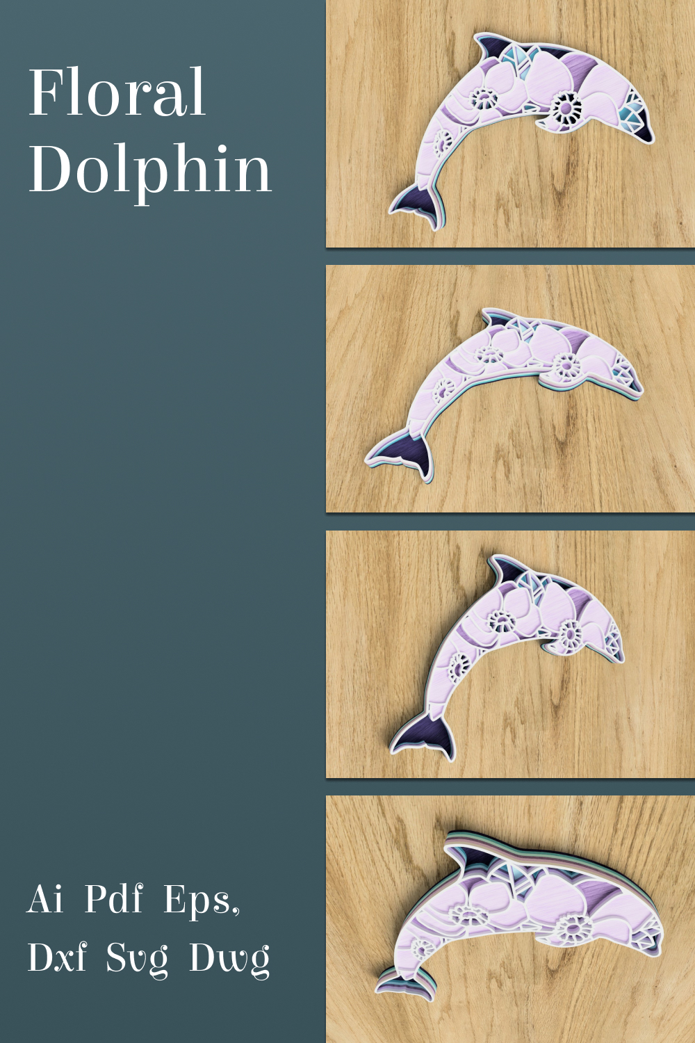 Three dolphins cut out of paper sitting on top of a wooden table.