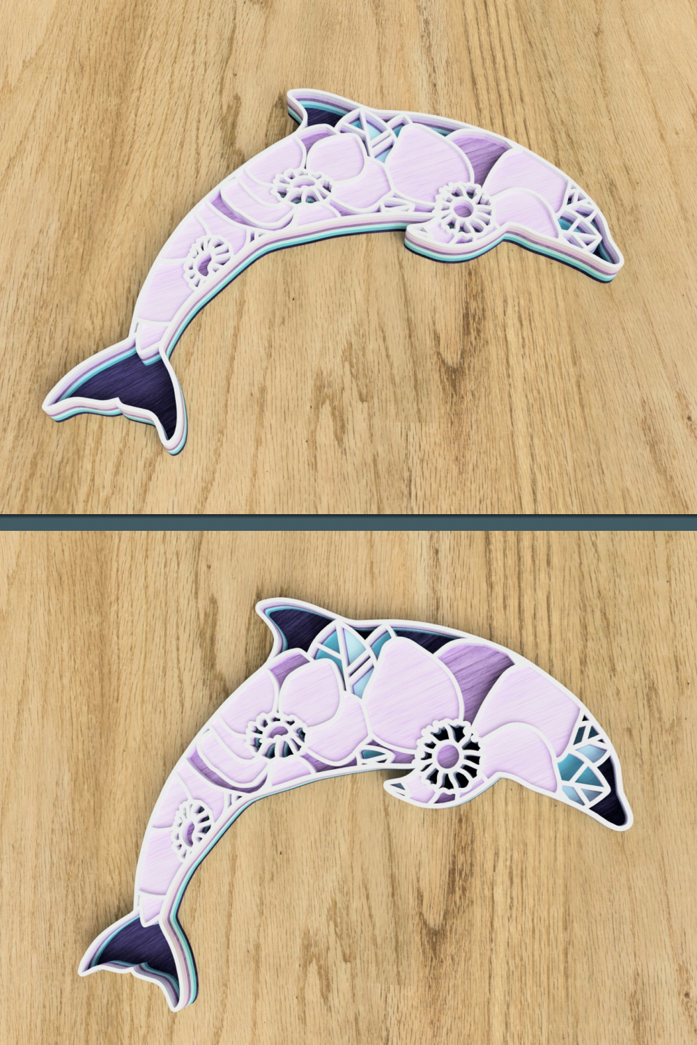 Two pictures of a dolphin on a wooden surface.
