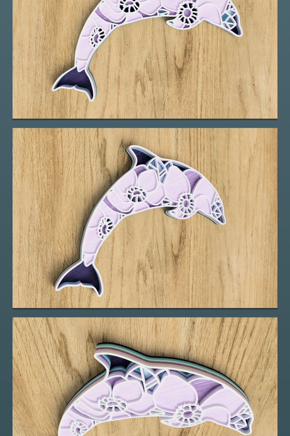 Three pictures of a dolphin on a wooden surface.