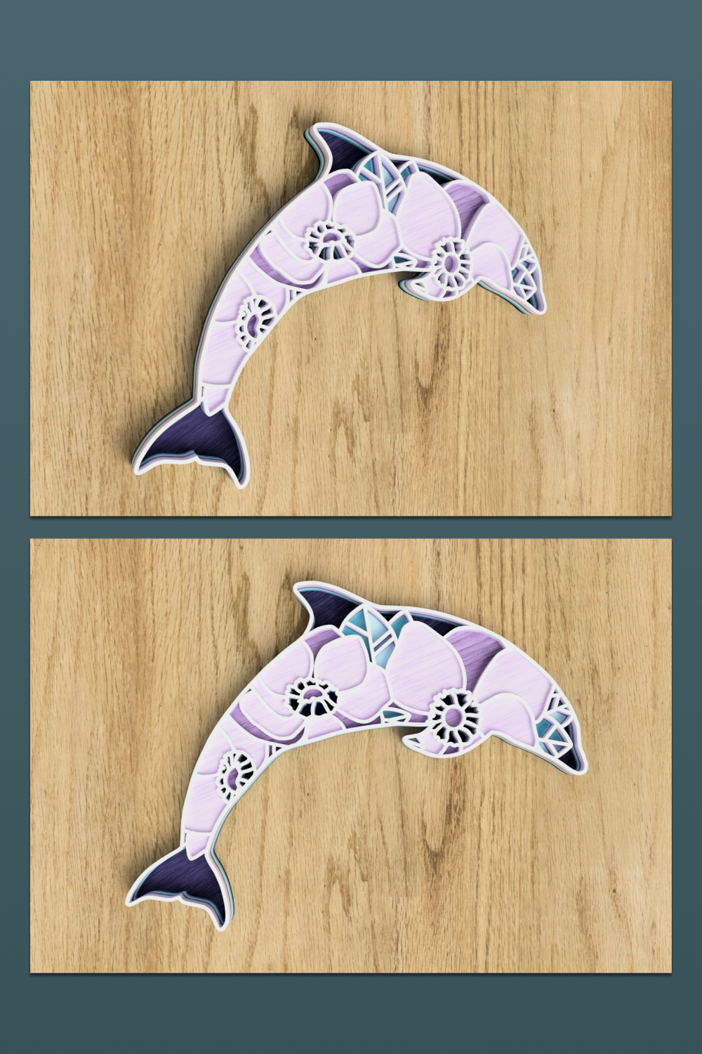 Two pictures of a dolphin on a wooden surface.