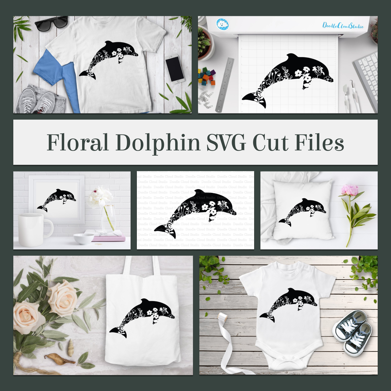 Collage of photos of a dolphin svg cut files.