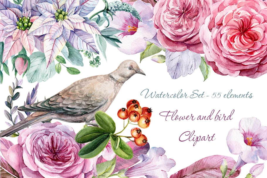 Flower and Bird Clipart. Watercolor facebook image.