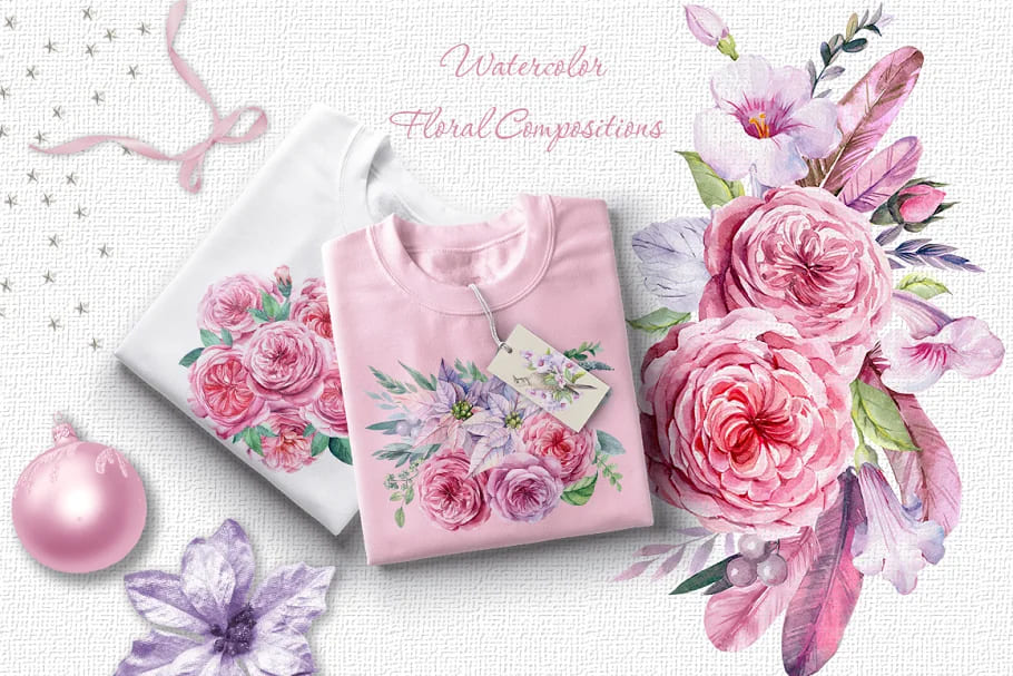 flower and bird clipart. watercolor t-shirt mockup.