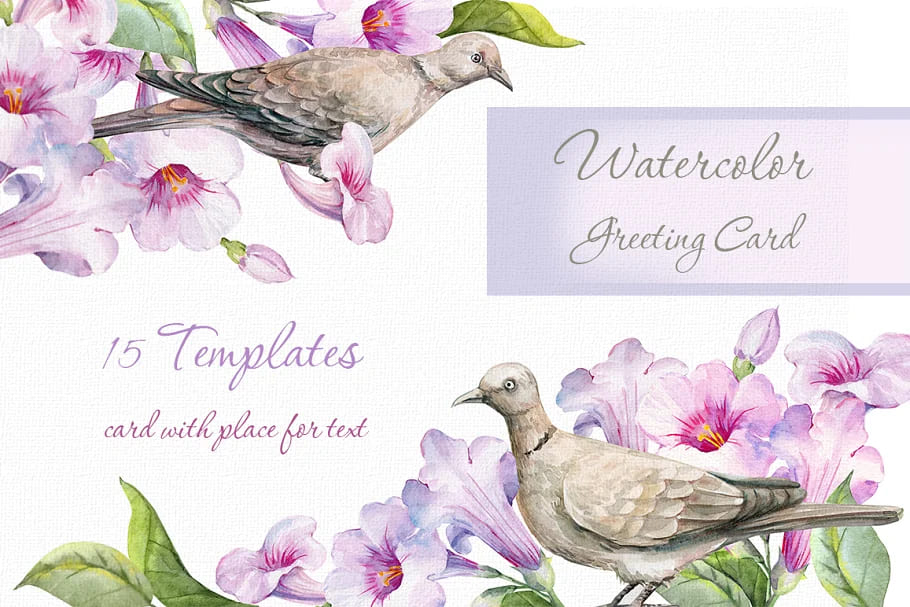 flower and bird clipart. watercolor, greeting cards templates.