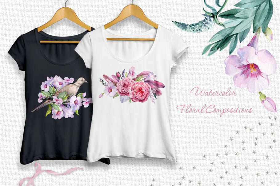flower and bird clipart. watercolor floral compositions.
