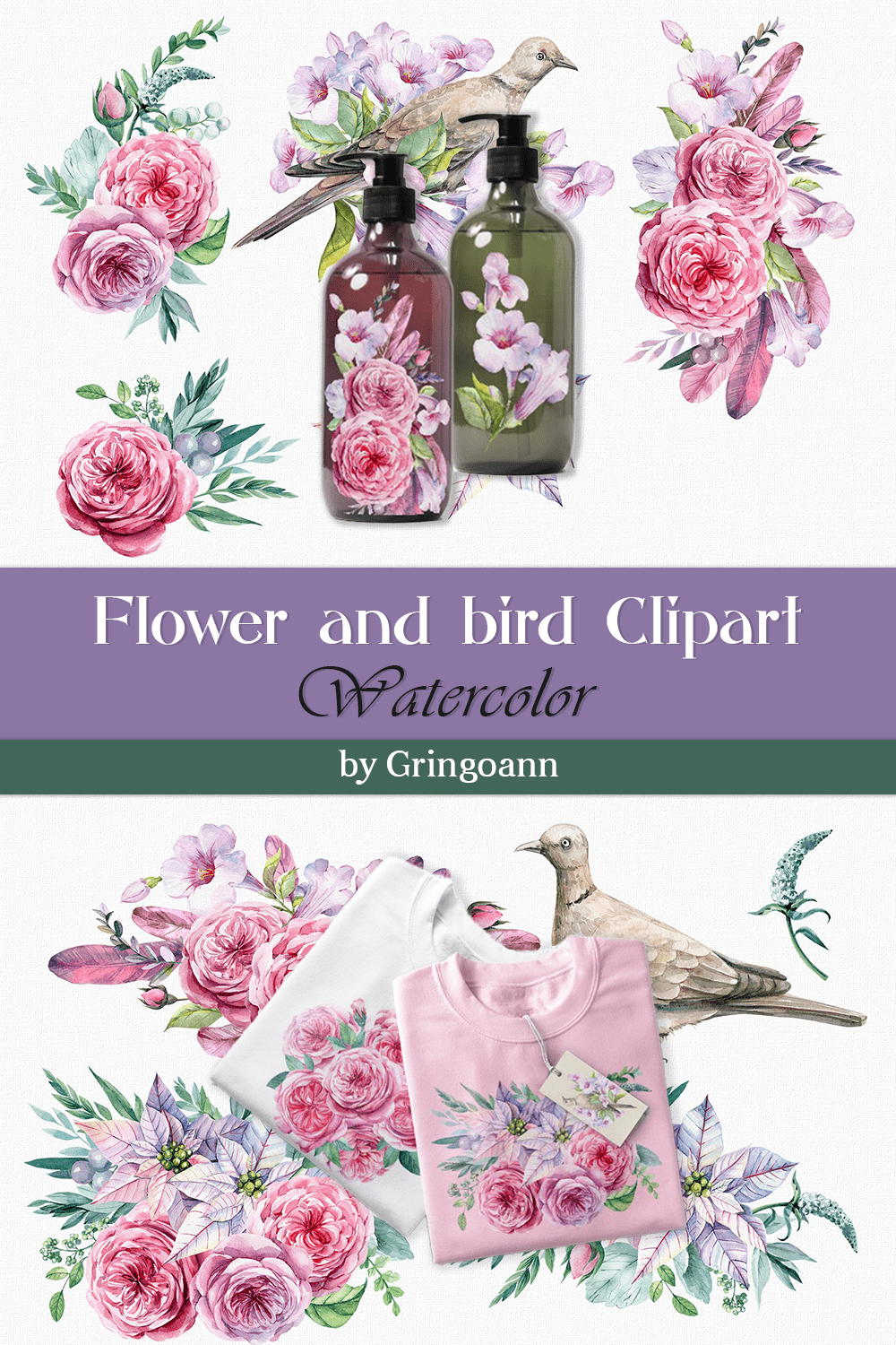 Flower and Bird Clipart. Watercolor pinterest image.