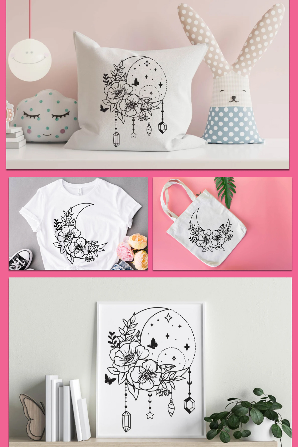 Floral print with the moon on a pillow, clothes, picture.