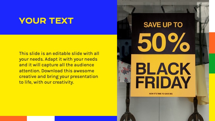 50 percent discount and Yellow-Blue text.