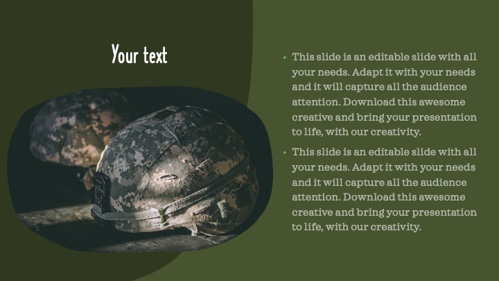 Military helmet and text on a green background.