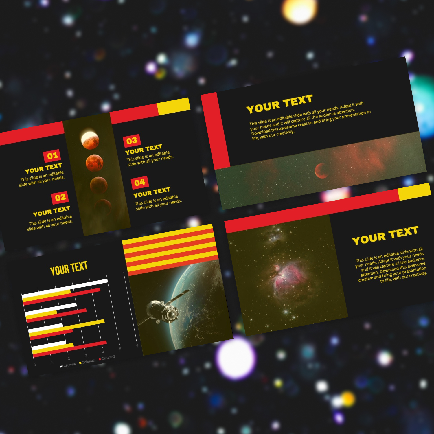 Preview of various slides on a cosmic background.
