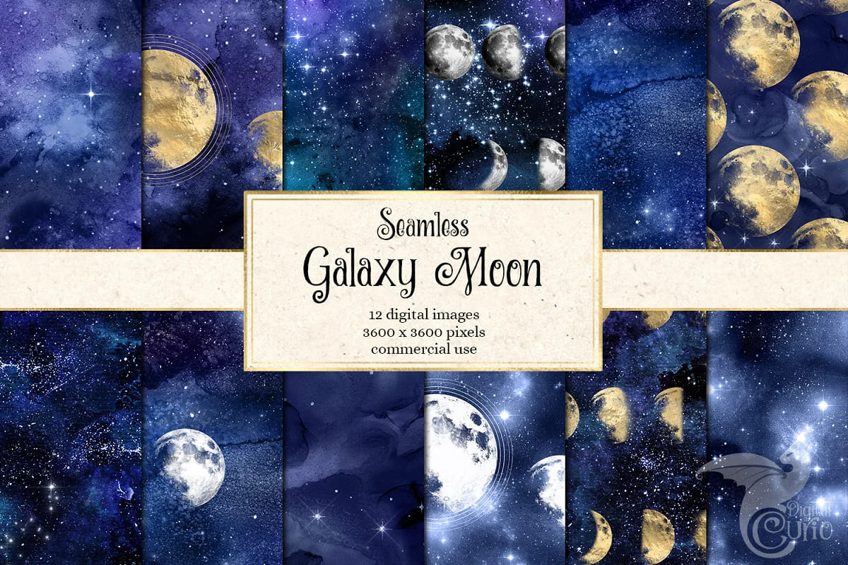 galaxy moon digital paper set.