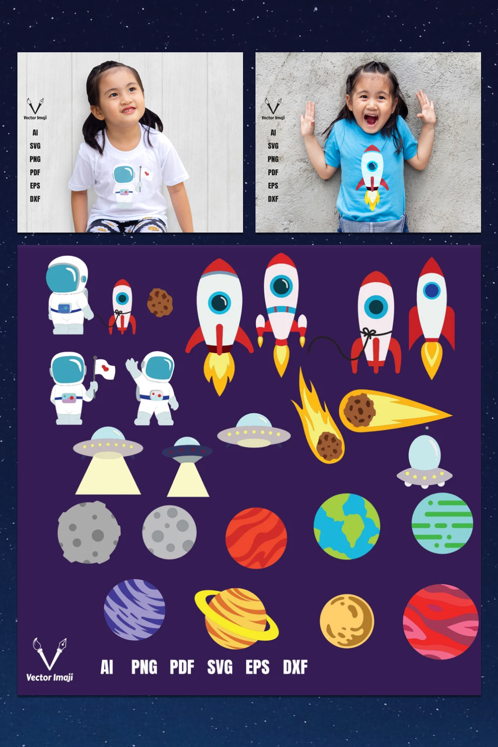 Prints with comets, planets, rockets, and rockets.