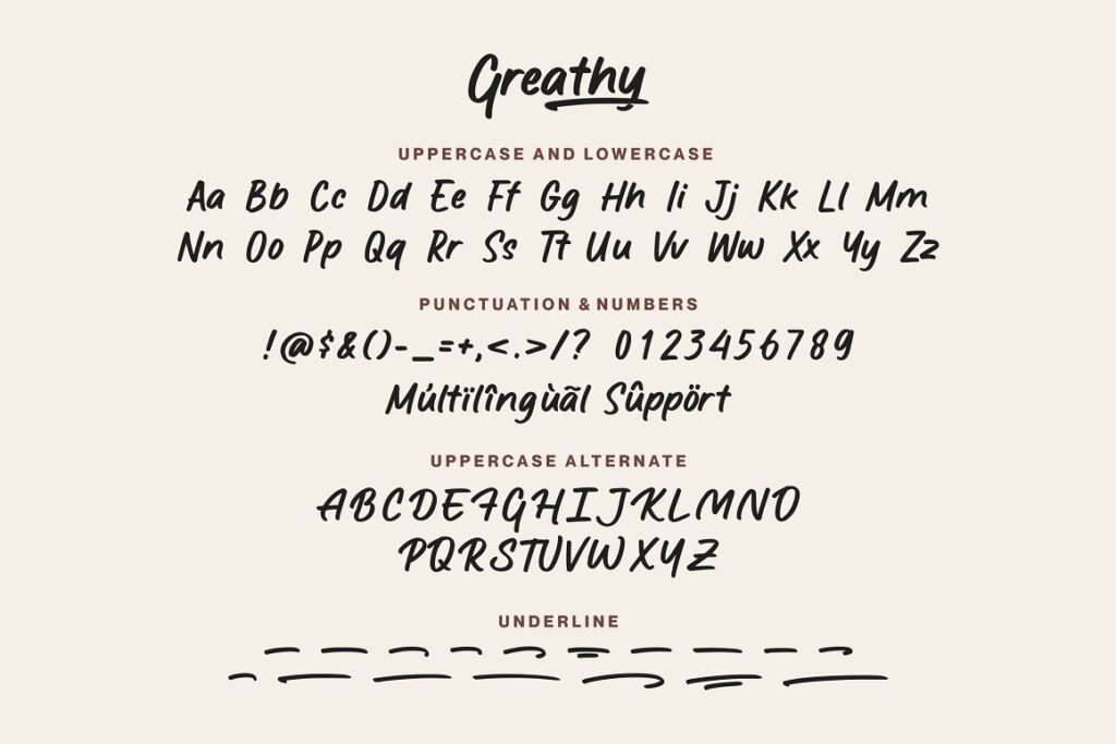 Greathy font alphabet preview.