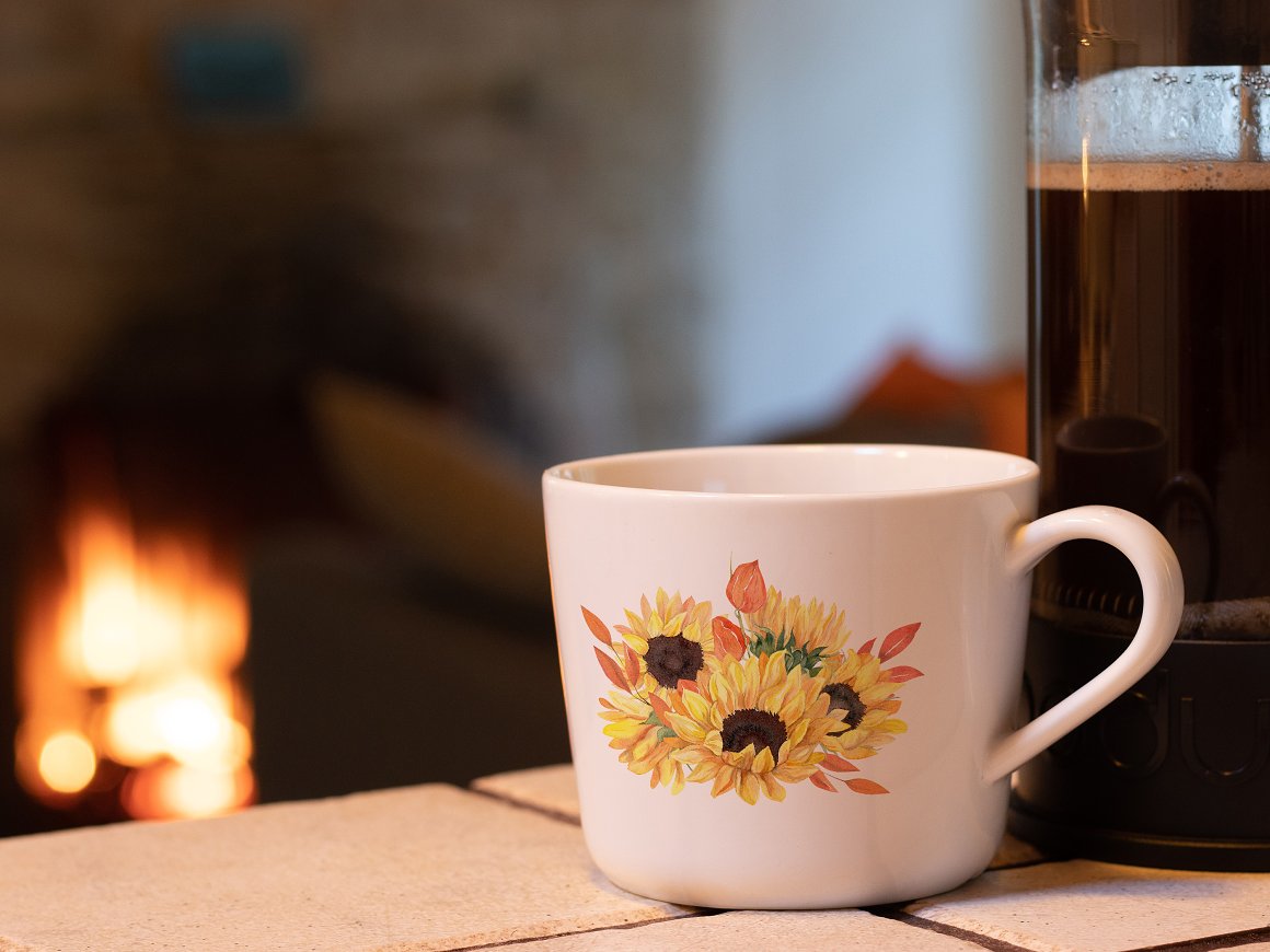 A cup with a sunflower print.