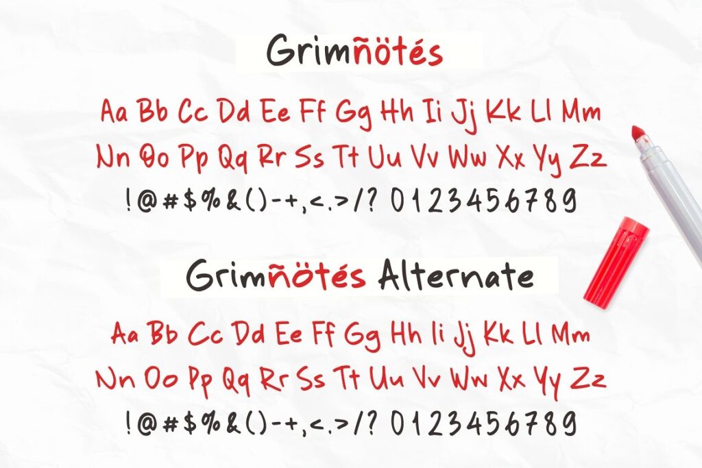Grimnotes font alphabet.