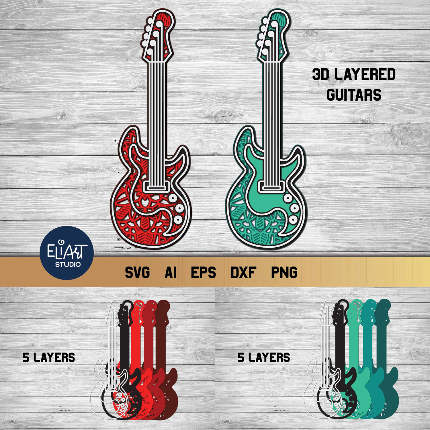 Preview 3d layered music svg cut file electric guitar.