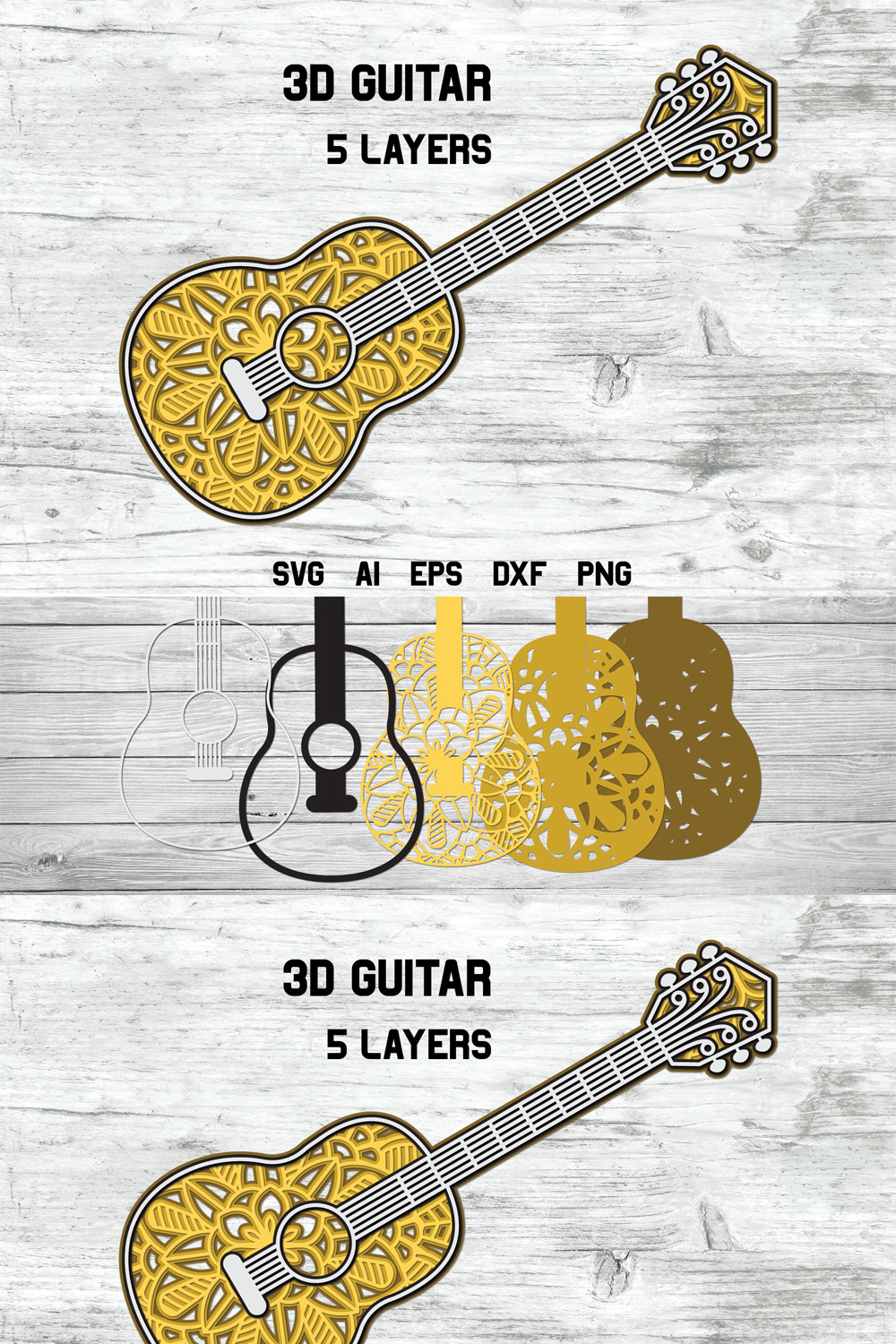 Guitar svg 3d layered music svg cut file preview.