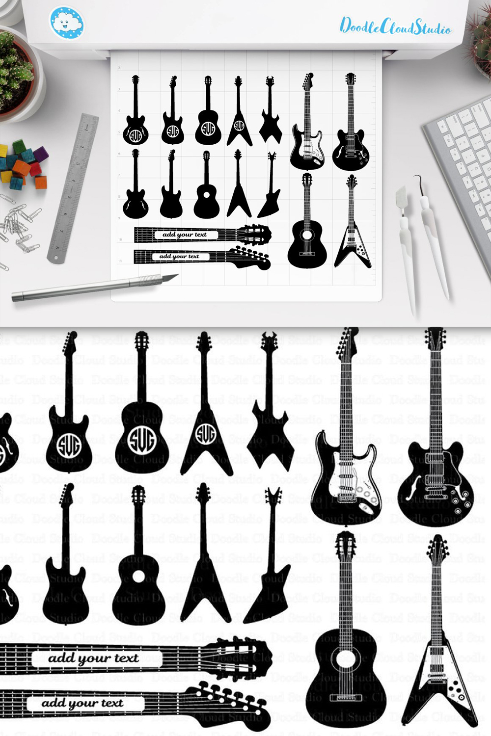 Prints on any surfaces with monotone guitars.