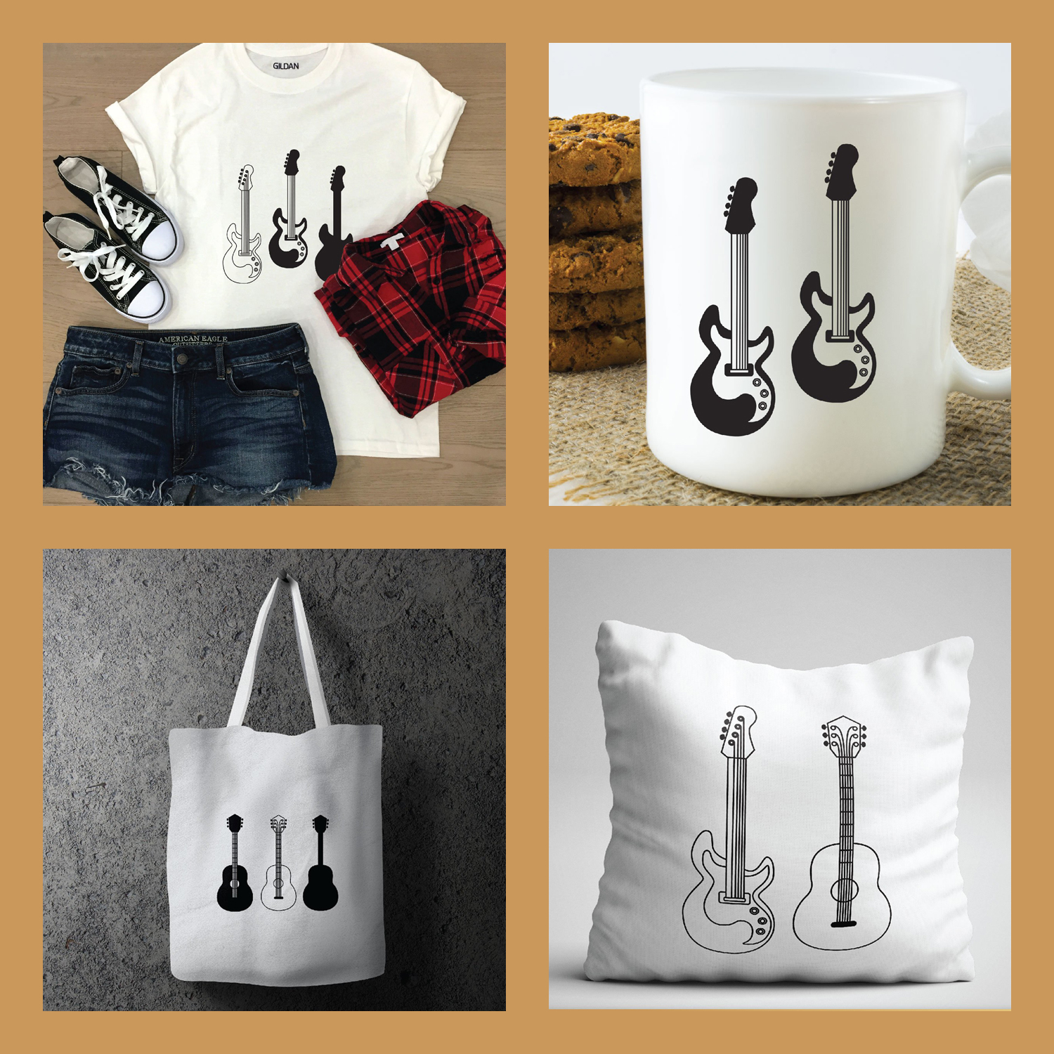 Unique prints with images of guitars on cups, tableware and clothes.