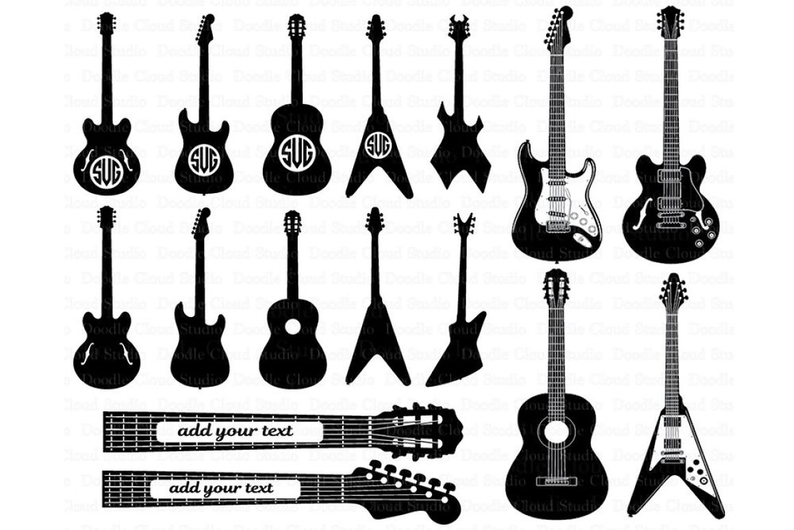 Many different guitars with black color.