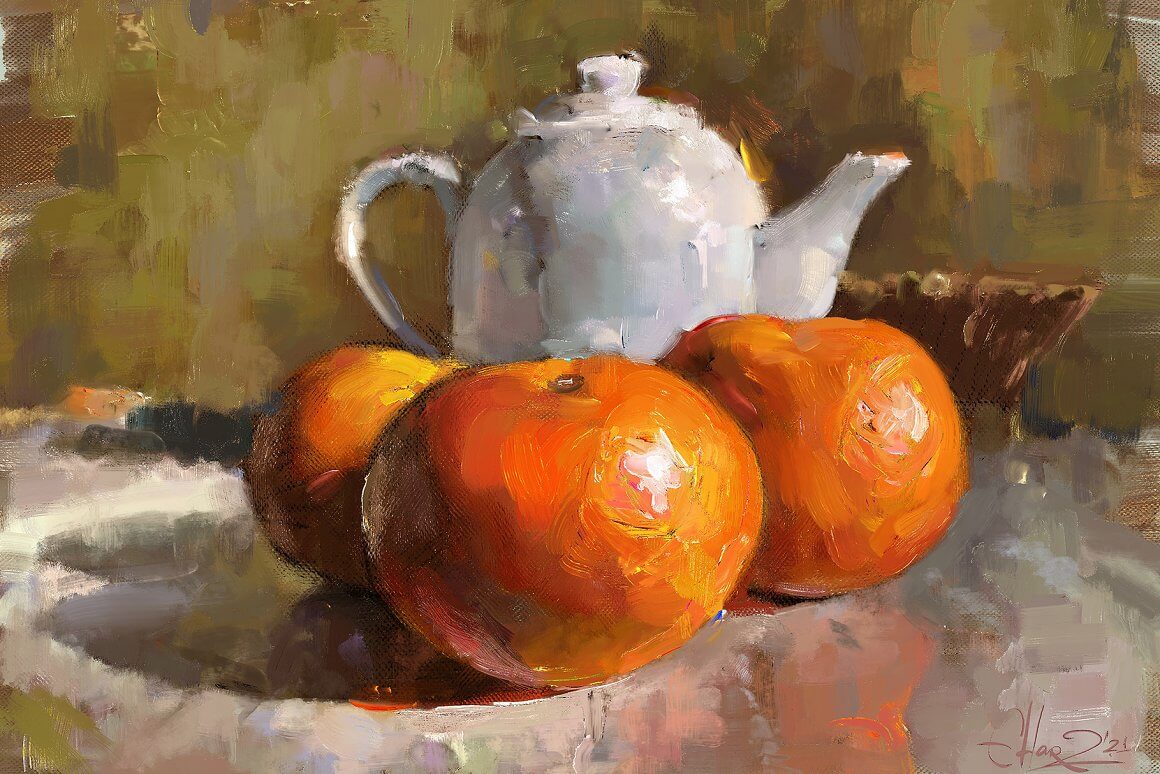 Still life painting depicting a white teapot and a tangerine.