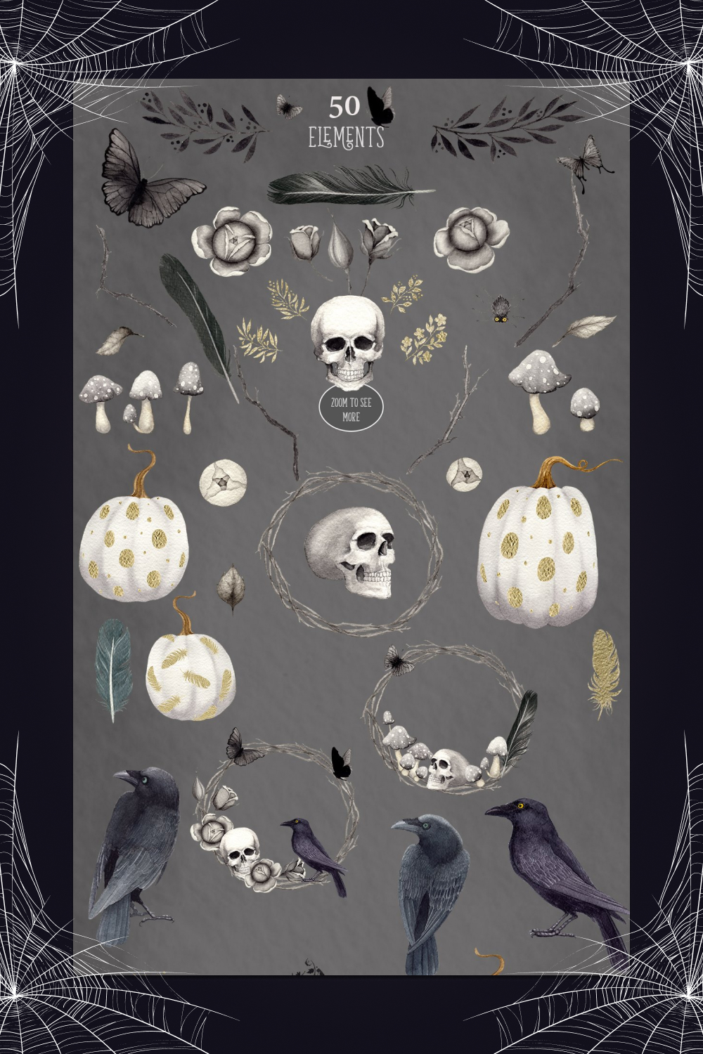 A great set with pumpkins, skulls, and crows for your prints.