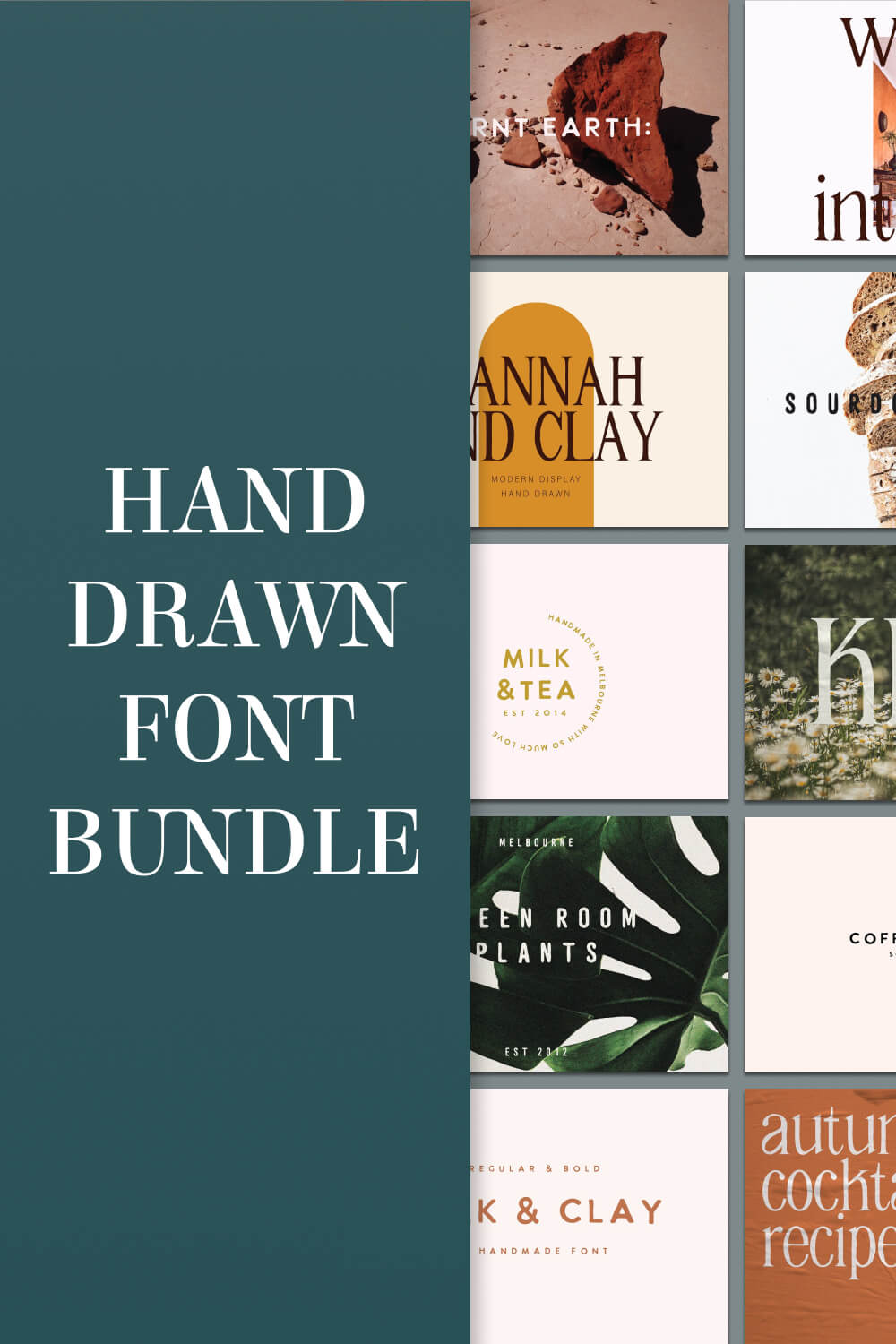 The picture is divided in half on one side, the inscription "Hand drawn font bundle" on the other side of the slides.