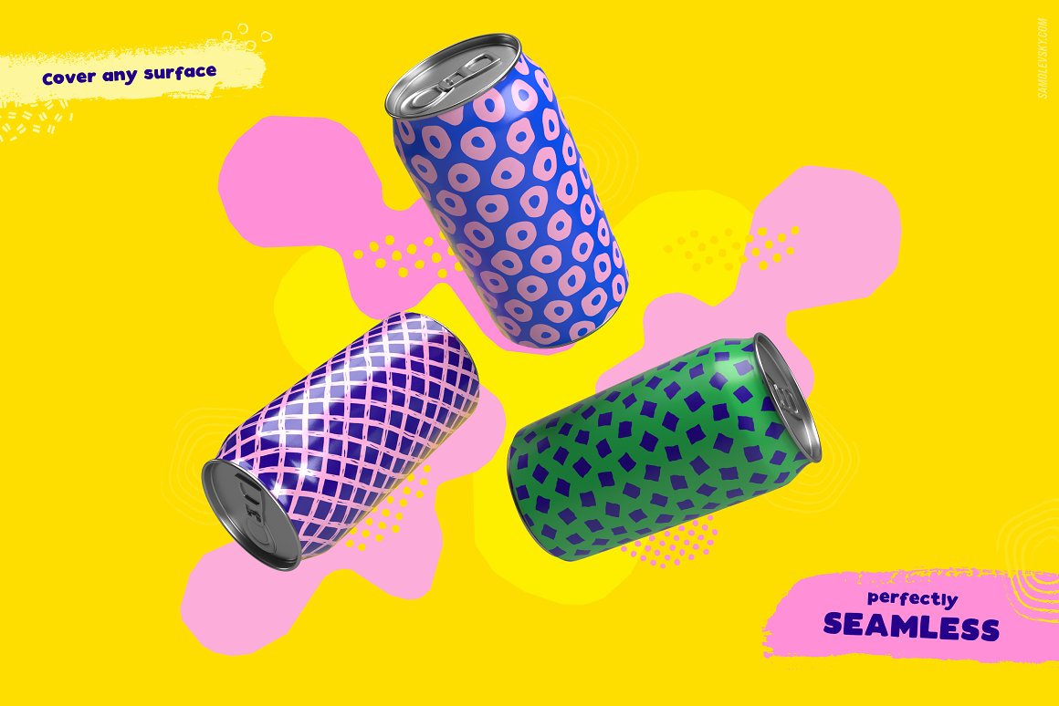 Geometric prints on cans on a yellow background.