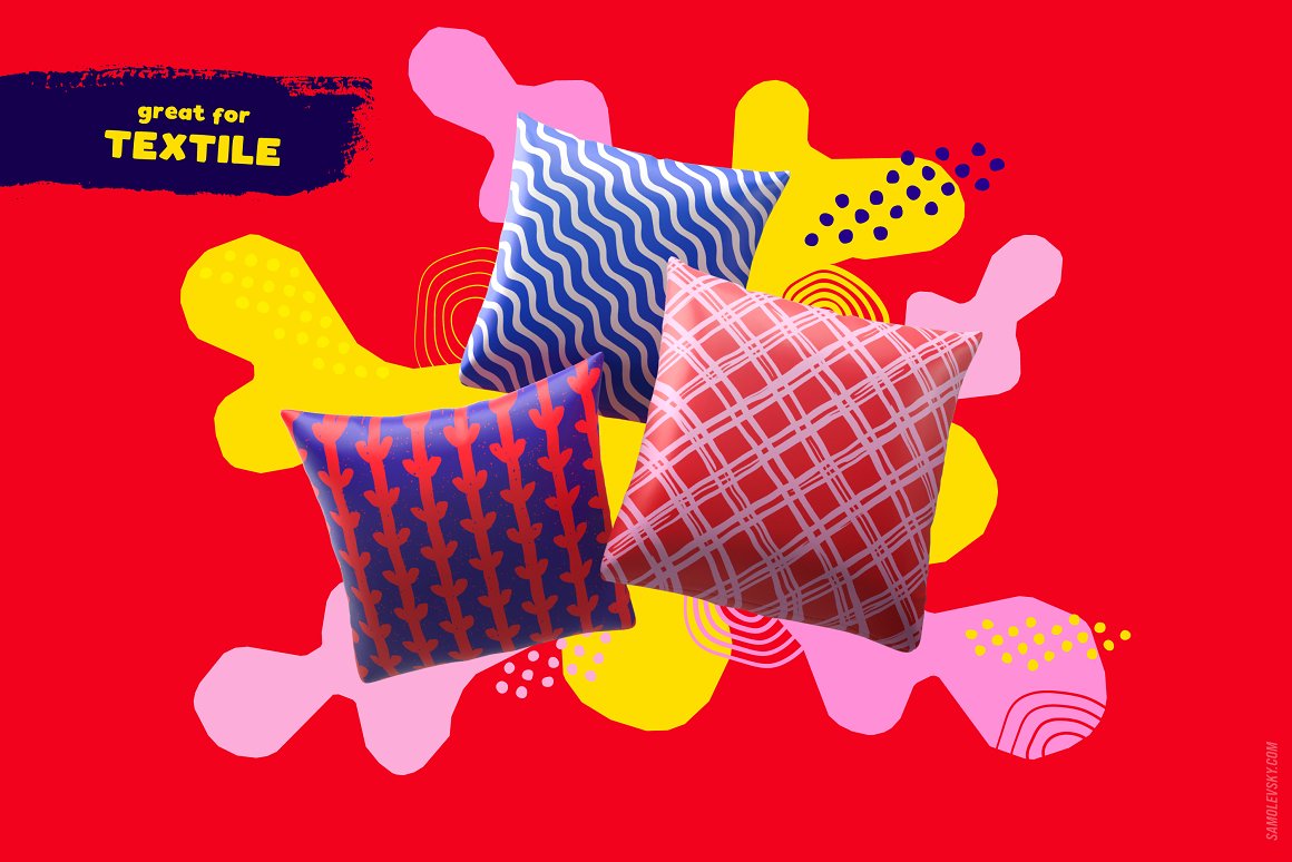 Prints on pillows of different shapes and colors.