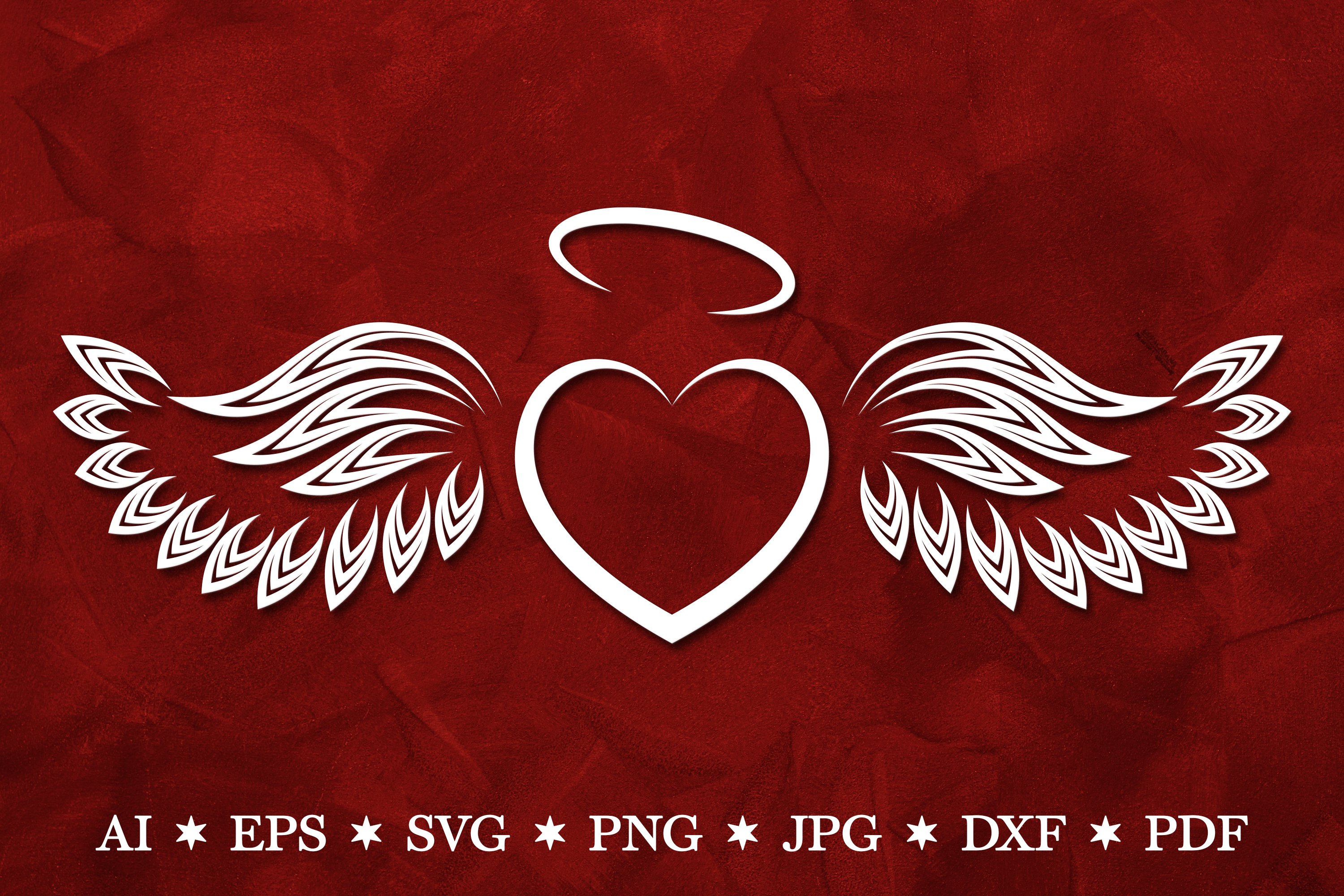 A heart with angel wings on a red background.