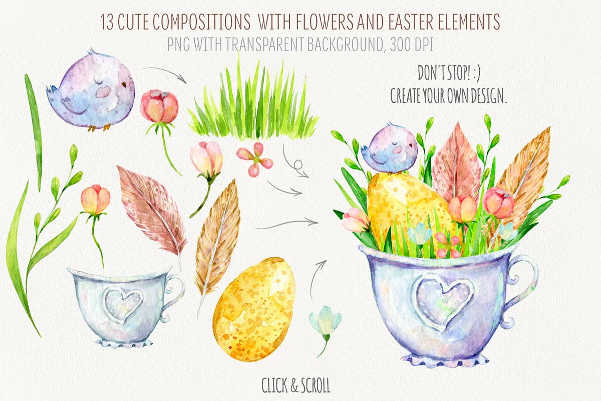 hello spring watercolor set, compositions with flowers and easter elements.