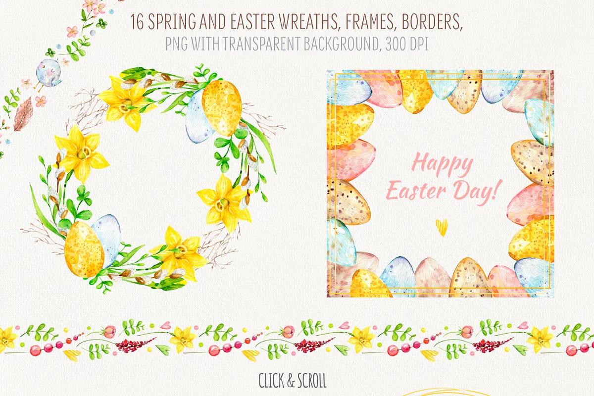 hello spring watercolor set, frames and wreaths.