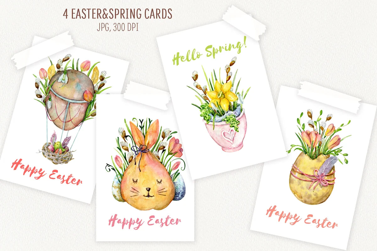hello spring watercolor set cards design.