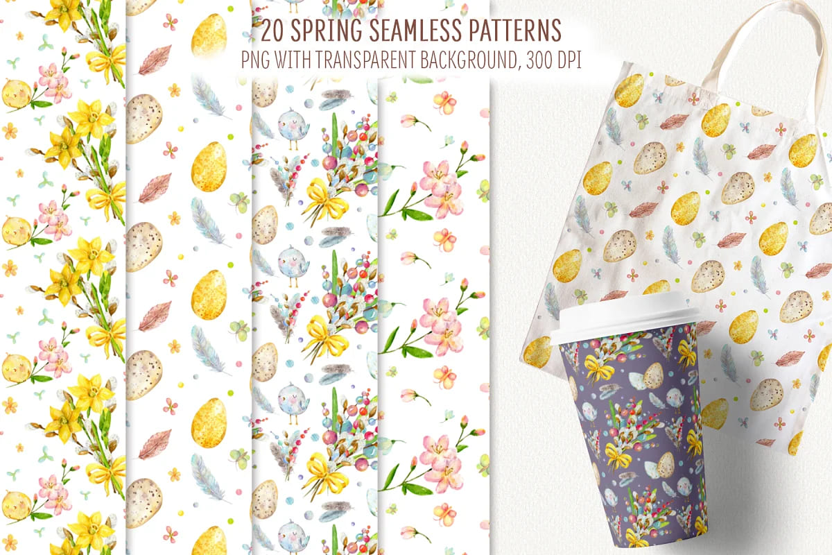 hello spring watercolor set seamless patterns.